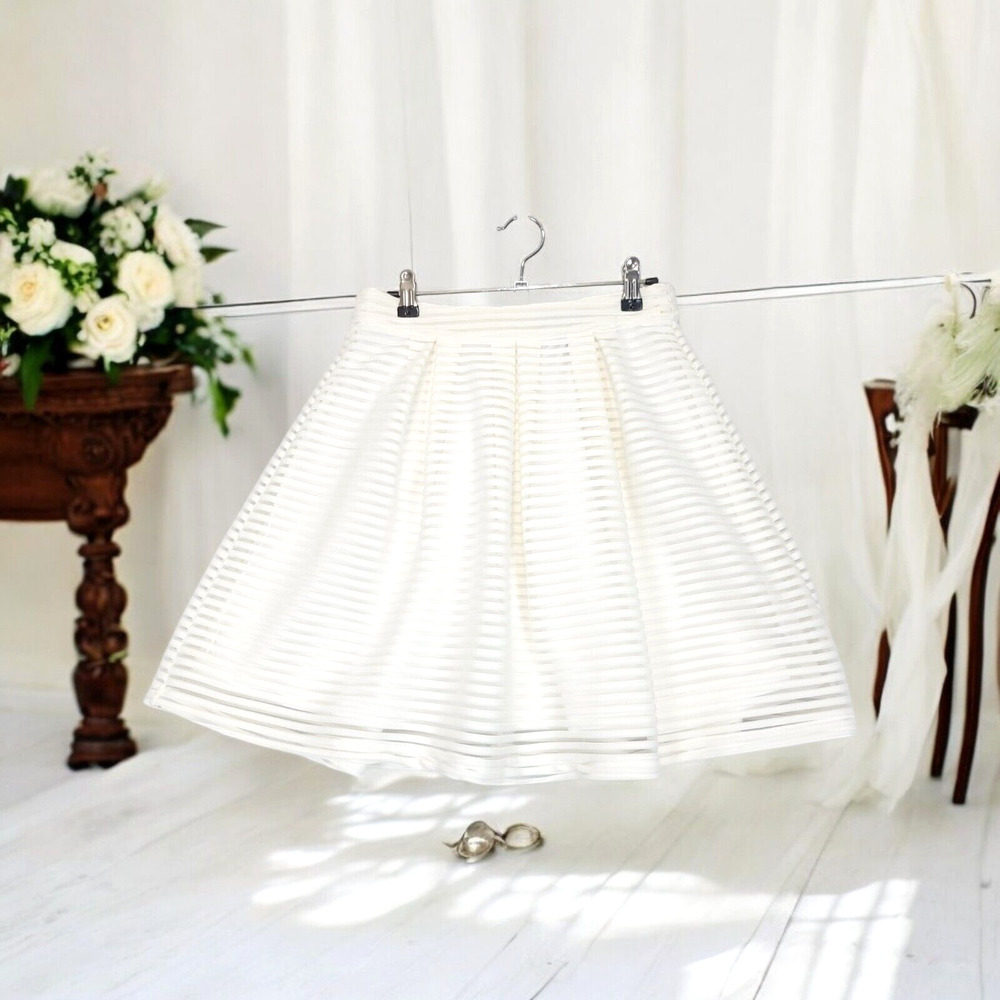 Forever21 Mesh Stripe A-Line Skirt Women‎ S Lined Pleated Flowy Ivory Back Zip